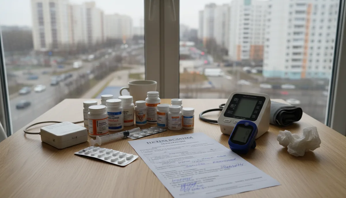Наркологический набор, тонометр, пульсоксиметр, лист назначений на кухонном столе городской квартиры